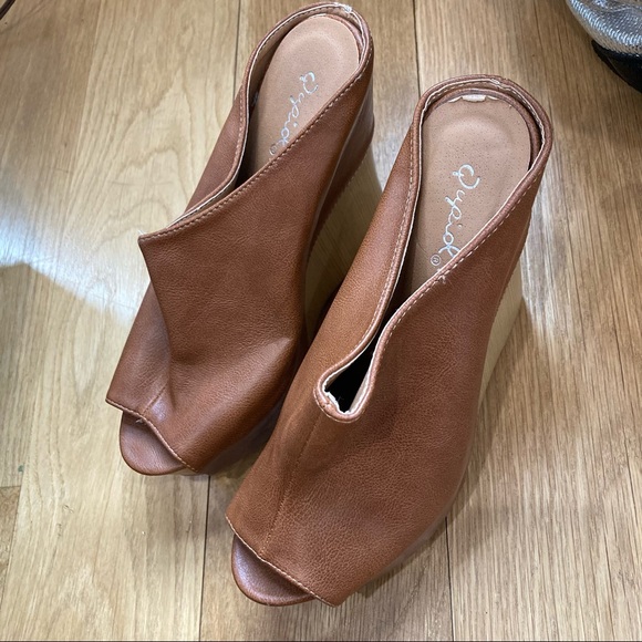 Qupid High Heels Mule Open Toe Brown Leather and Wood Chunky Platform - Picture 3 of 9